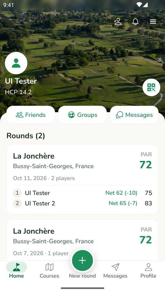 Golf Weekend home screen with recent rounds and net scores