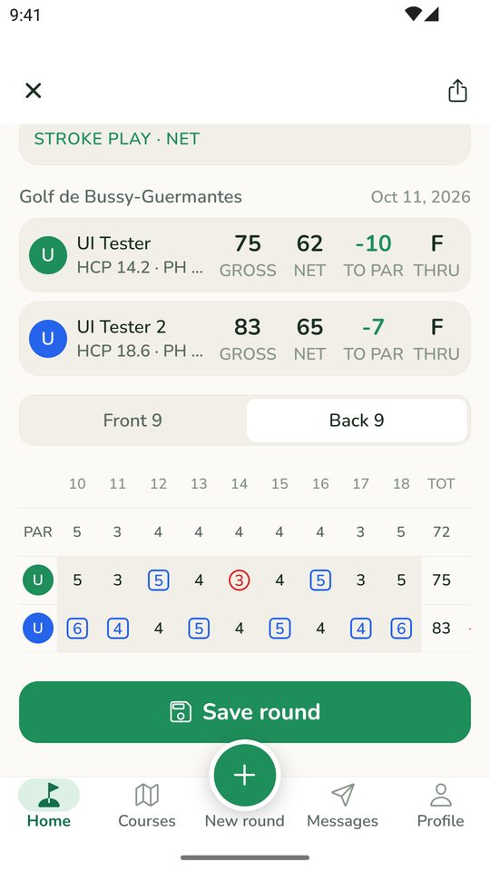 Scorecard with gross, net and to-par for each player